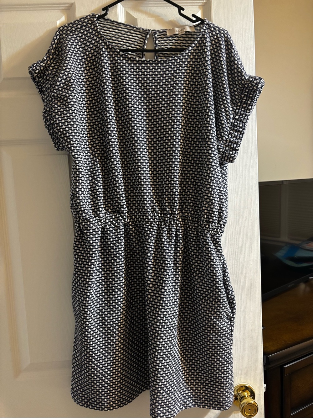 LOFT Navy and White Short Sleeve Knit Tee Dress with pockets